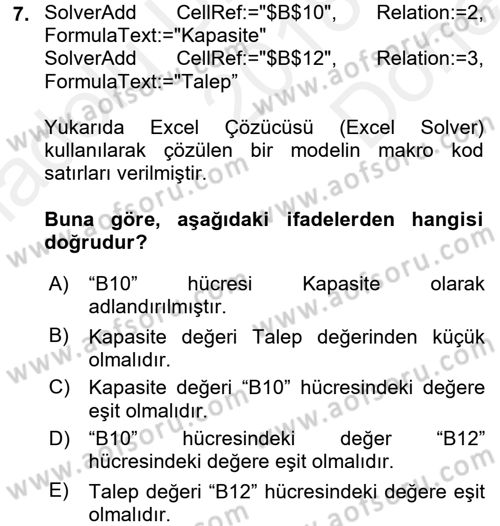 Karar Destek Sistemleri Dersi 2018 - 2019 Yılı (Final) Dönem Sonu Sınav Soruları 7. Soru