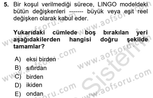 Karar Destek Sistemleri Dersi 2020 - 2021 Yılı Yaz Okulu Sınav Soruları 5. Soru