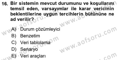 Karar Destek Sistemleri Dersi 2021 - 2022 Yılı (Final) Dönem Sonu Sınav Soruları 16. Soru