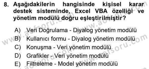 Karar Destek Sistemleri Dersi 2021 - 2022 Yılı Yaz Okulu Sınavı 8. Soru