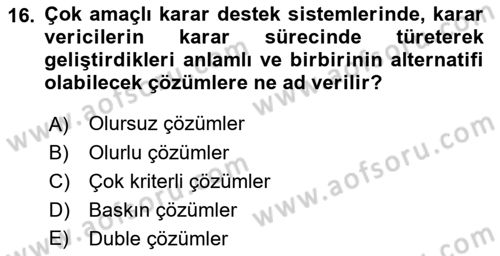 Karar Destek Sistemleri Dersi 2022 - 2023 Yılı Yaz Okulu Sınav Soruları 16. Soru