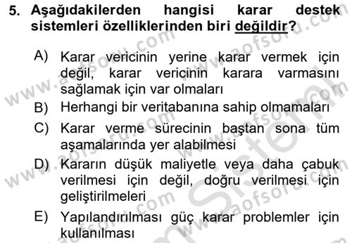 Karar Destek Sistemleri Dersi 2023 - 2024 Yılı (Vize) Ara Sınav Soruları 5. Soru