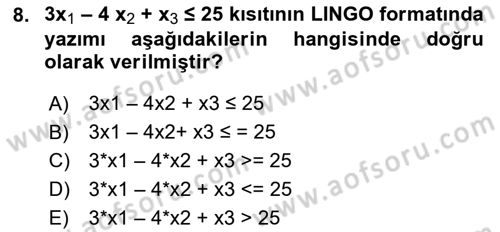 Karar Destek Sistemleri Dersi 2023 - 2024 Yılı (Vize) Ara Sınav Soruları 8. Soru
