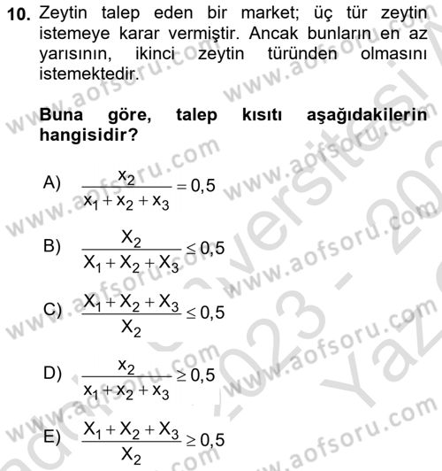 Karar Destek Sistemleri Dersi 2023 - 2024 Yılı Yaz Okulu Sınav Soruları 10. Soru