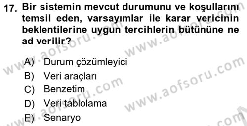 Karar Destek Sistemleri Dersi 2023 - 2024 Yılı Yaz Okulu Sınavı 17. Soru