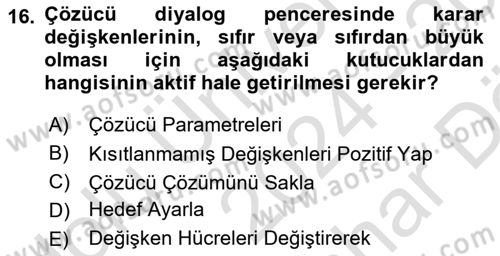 Karar Destek Sistemleri Dersi 2024 - 2025 Yılı (Vize) Ara Sınav Soruları 16. Soru