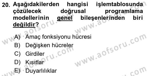 Karar Destek Sistemleri Dersi 2024 - 2025 Yılı (Vize) Ara Sınav Soruları 20. Soru