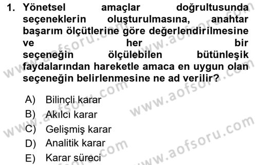 Karar Destek Sistemleri Dersi 2024 - 2025 Yılı (Final) Dönem Sonu Sınav Soruları 1. Soru