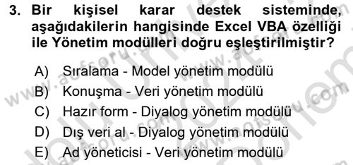 Karar Destek Sistemleri Dersi 2024 - 2025 Yılı (Final) Dönem Sonu Sınav Soruları 3. Soru