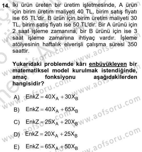 Karar Destek Sistemleri Dersi 2025 - 2026 Yılı (Vize) Ara Sınav Soruları 14. Soru
