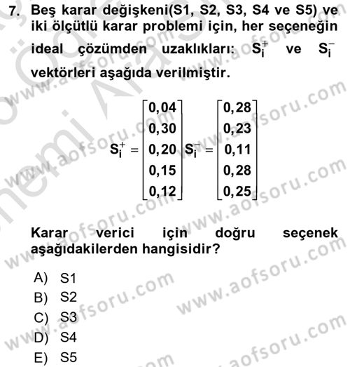 Karar Destek Sistemleri Dersi 2025 - 2026 Yılı (Vize) Ara Sınav Soruları 7. Soru