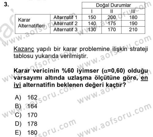 Karar Modelleri Dersi 2018 - 2019 Yılı 3 Ders Sınav Soruları 3. Soru