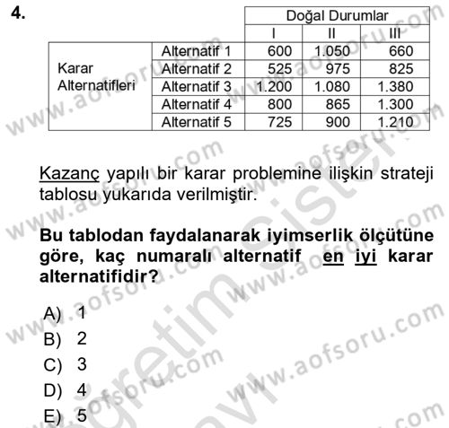 Karar Modelleri Dersi 2018 - 2019 Yılı 3 Ders Sınav Soruları 4. Soru