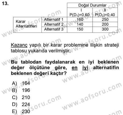 Karar Modelleri Dersi 2018 - 2019 Yılı (Vize) Ara Sınav Soruları 13. Soru