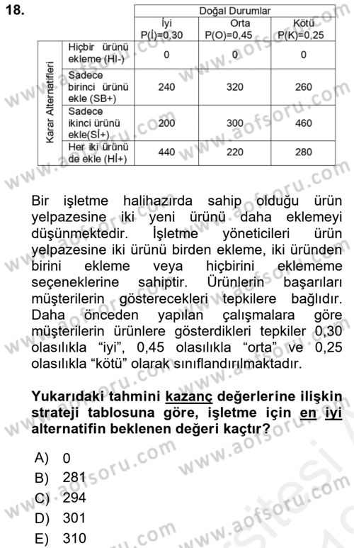 Karar Modelleri Dersi 2018 - 2019 Yılı (Vize) Ara Sınav Soruları 18. Soru