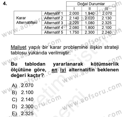 Karar Modelleri Dersi 2018 - 2019 Yılı (Vize) Ara Sınav Soruları 4. Soru