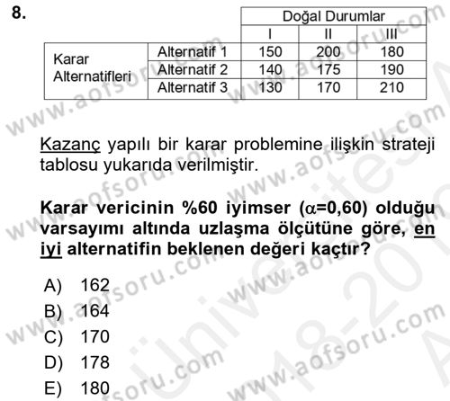 Karar Modelleri Dersi 2018 - 2019 Yılı (Vize) Ara Sınav Soruları 8. Soru