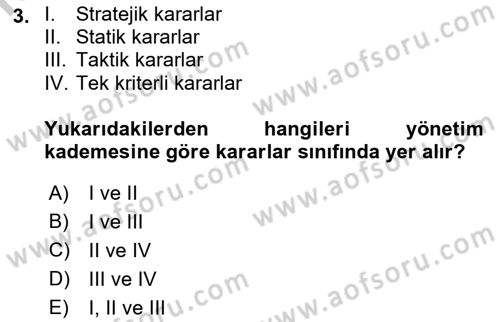 Karar Modelleri Dersi 2018 - 2019 Yılı Yaz Okulu Sınav Soruları 3. Soru
