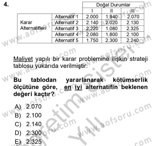 Karar Modelleri Dersi 2018 - 2019 Yılı Yaz Okulu Sınav Soruları 4. Soru