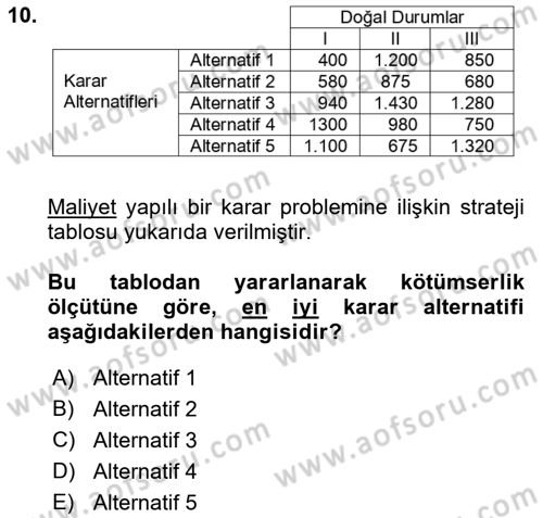 Karar Modelleri Dersi Ara Sınavı Deneme Sınav Soruları 10. Soru