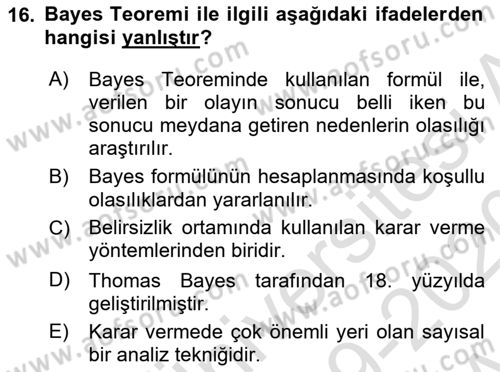 Karar Modelleri Dersi Ara Sınavı Deneme Sınav Soruları 16. Soru