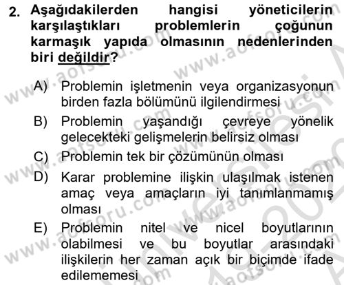 Karar Modelleri Dersi Ara Sınavı Deneme Sınav Soruları 2. Soru