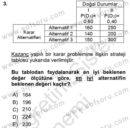 Karar Modelleri Dersi 2019 - 2020 Yılı (Final) Dönem Sonu Sınav Soruları 3. Soru