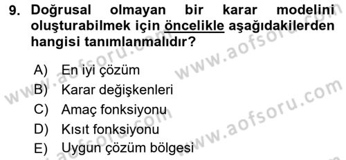 Karar Modelleri Dersi 2019 - 2020 Yılı (Final) Dönem Sonu Sınav Soruları 9. Soru