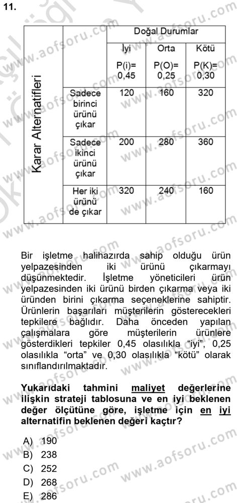 Karar Modelleri Dersi 2020 - 2021 Yılı Yaz Okulu Sınav Soruları 11. Soru