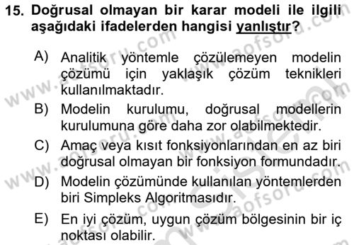 Karar Modelleri Dersi 2020 - 2021 Yılı Yaz Okulu Sınav Soruları 15. Soru