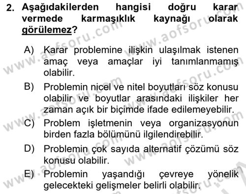 Karar Modelleri Dersi 2020 - 2021 Yılı Yaz Okulu Sınav Soruları 2. Soru