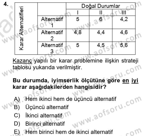 Karar Modelleri Dersi 2020 - 2021 Yılı Yaz Okulu Sınav Soruları 4. Soru