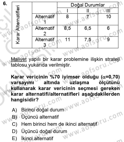 Karar Modelleri Dersi 2020 - 2021 Yılı Yaz Okulu Sınav Soruları 6. Soru