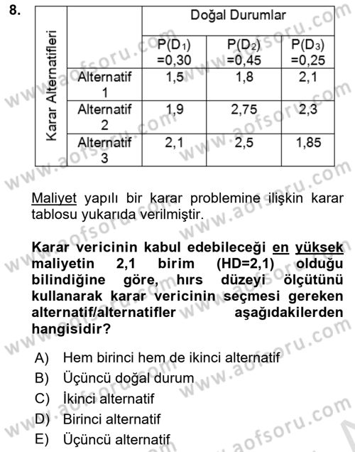 Karar Modelleri Dersi 2020 - 2021 Yılı Yaz Okulu Sınav Soruları 8. Soru