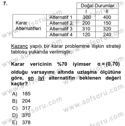 Karar Modelleri Dersi 2021 - 2022 Yılı (Vize) Ara Sınav Soruları 7. Soru
