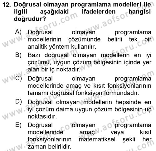 Karar Modelleri Dersi 2021 - 2022 Yılı (Final) Dönem Sonu Sınav Soruları 12. Soru
