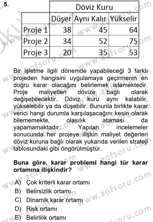 Karar Modelleri Dersi 2021 - 2022 Yılı Yaz Okulu Sınav Soruları 5. Soru