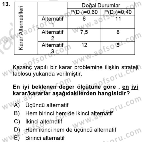 Karar Modelleri Dersi Ara Sınavı Deneme Sınav Soruları 13. Soru
