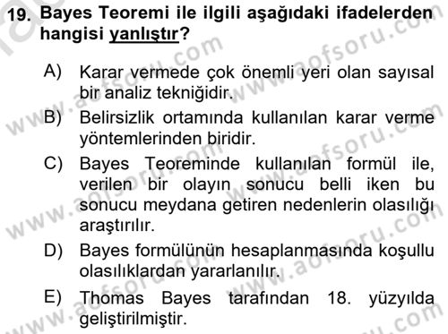 Karar Modelleri Dersi Ara Sınavı Deneme Sınav Soruları 19. Soru