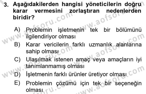 Karar Modelleri Dersi Ara Sınavı Deneme Sınav Soruları 3. Soru