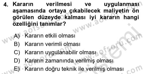 Karar Modelleri Dersi Ara Sınavı Deneme Sınav Soruları 4. Soru