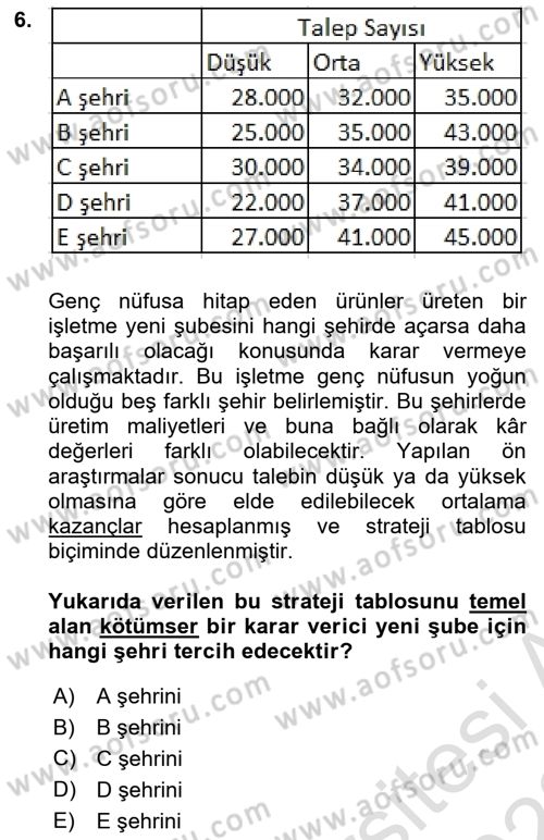 Karar Modelleri Dersi Ara Sınavı Deneme Sınav Soruları 6. Soru