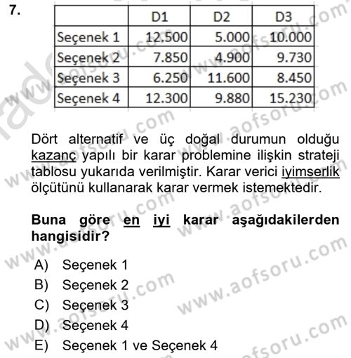 Karar Modelleri Dersi Ara Sınavı Deneme Sınav Soruları 7. Soru