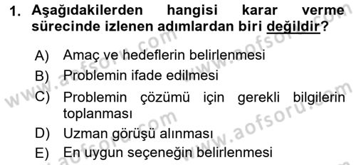 Karar Modelleri Dersi 2022 - 2023 Yılı Yaz Okulu Sınav Soruları 1. Soru