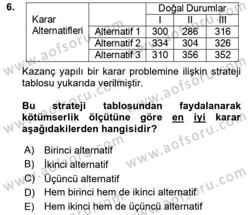 Karar Modelleri Dersi 2022 - 2023 Yılı Yaz Okulu Sınav Soruları 6. Soru