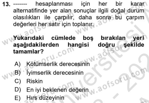 Karar Modelleri Dersi 2023 - 2024 Yılı (Vize) Ara Sınav Soruları 13. Soru