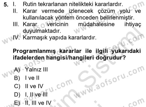 Karar Modelleri Dersi 2023 - 2024 Yılı (Vize) Ara Sınav Soruları 5. Soru