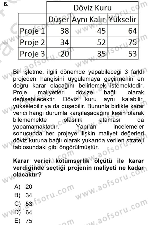 Karar Modelleri Dersi 2023 - 2024 Yılı (Vize) Ara Sınav Soruları 6. Soru