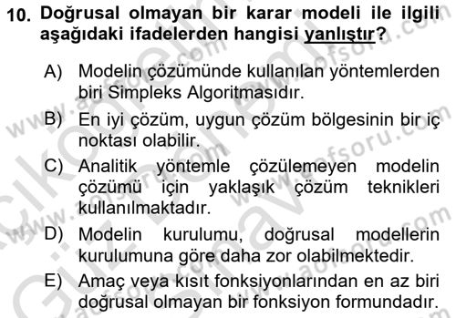 Karar Modelleri Dersi 2023 - 2024 Yılı (Final) Dönem Sonu Sınav Soruları 10. Soru