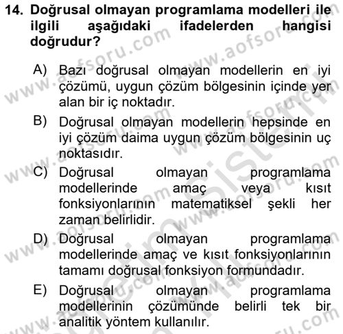 Karar Modelleri Dersi 2023 - 2024 Yılı Yaz Okulu Sınav Soruları 14. Soru